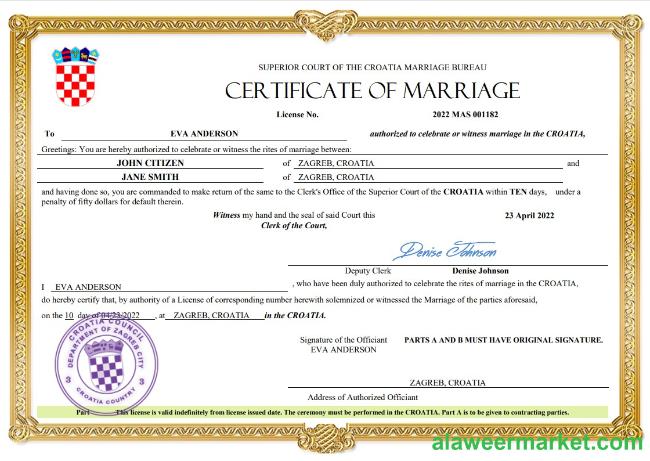 Croatia marriage certificate Word and PDF template